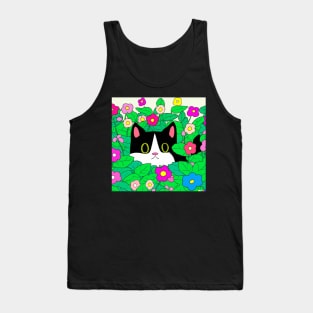 Cute Cartoon Tuxedo Cat Hiding in Flower Bed Tank Top